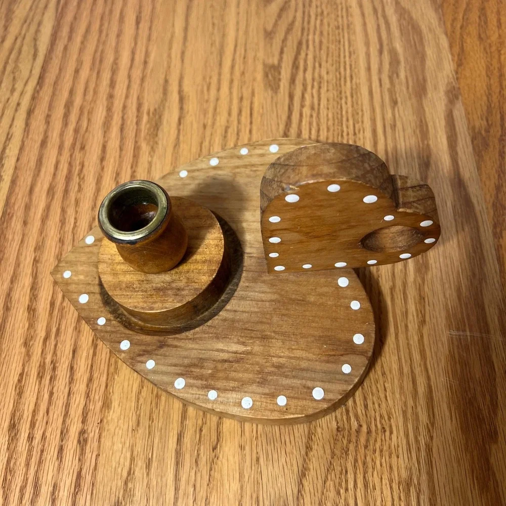 Vintage Wooden Heart Candle Holder Folk Art Polka Dot Wood Candlestick cottage